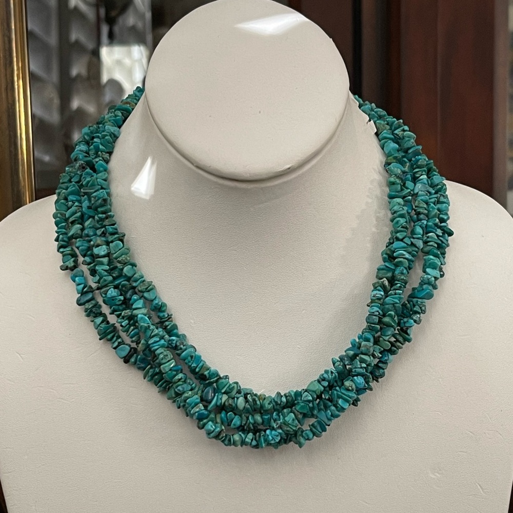 5 strand genuine natural turquoise bead sterling silver necklace - Picture 3 of 7